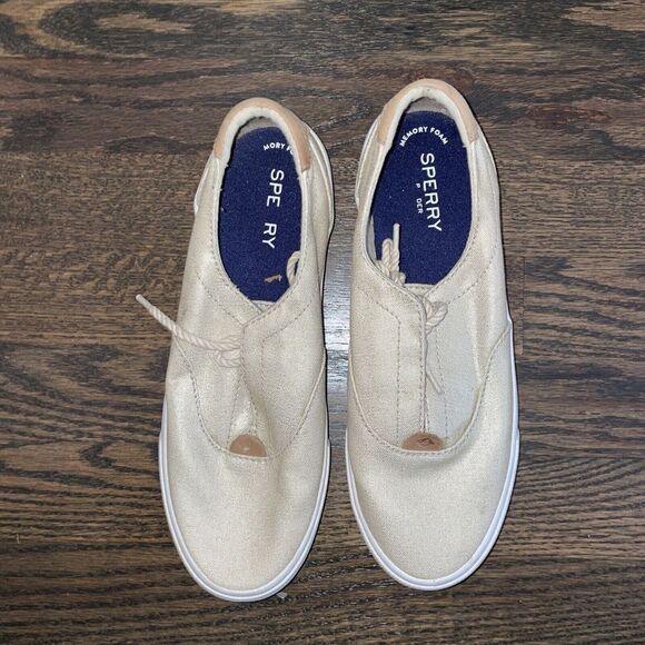 Sperry Crest Edge Metallic Sneakers Women’s Sz 8.5 Lace Up Oatmeal Cushion Beige - Picture 2 of 11